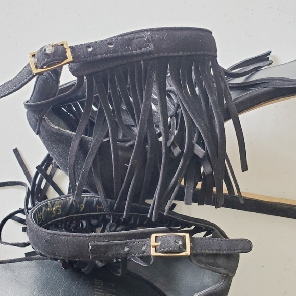 Stuart Weitzman Suede Love Fringe Sandal Size 9 Ankle Strap Black Stiletto Heel - Picture 11 of 16